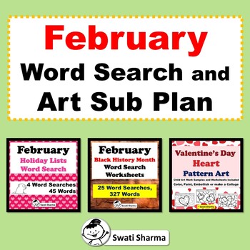 February Word Search and Valentine's Day Art Sub Plan Bundle