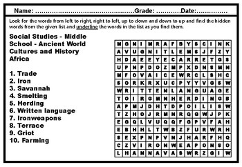 Middle School, Social Studies, Word Search Worksheets, Year long, Sub Plans
