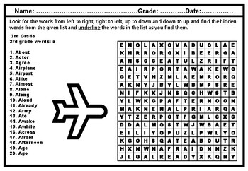 3rd Grade, Spelling Words, Word Search Worksheets, Year Long, No Prep, Sub Plan