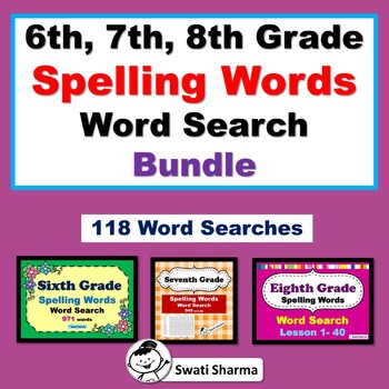 6th, 7th, 8th Grade Spelling Words Word Search Bundle, Vocabulary Sub Plan