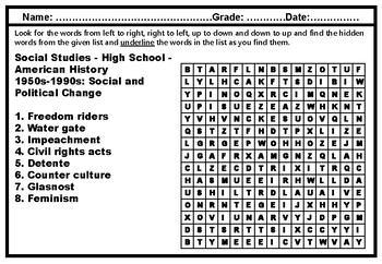 High School Social Studies, Word Search Worksheets, Vocabulary Sub Plan