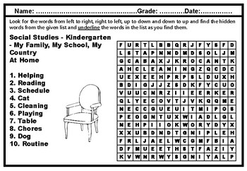 Kindergarten Social Studies, Word Search Worksheets, Vocabulary Sub Plans